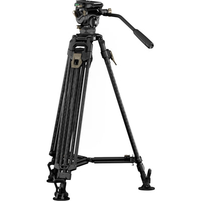 This tripod offers carbon fibre legs, 360° rotation, a cine fluid head for stability and aluminium alloy construction, ideal for professionals.