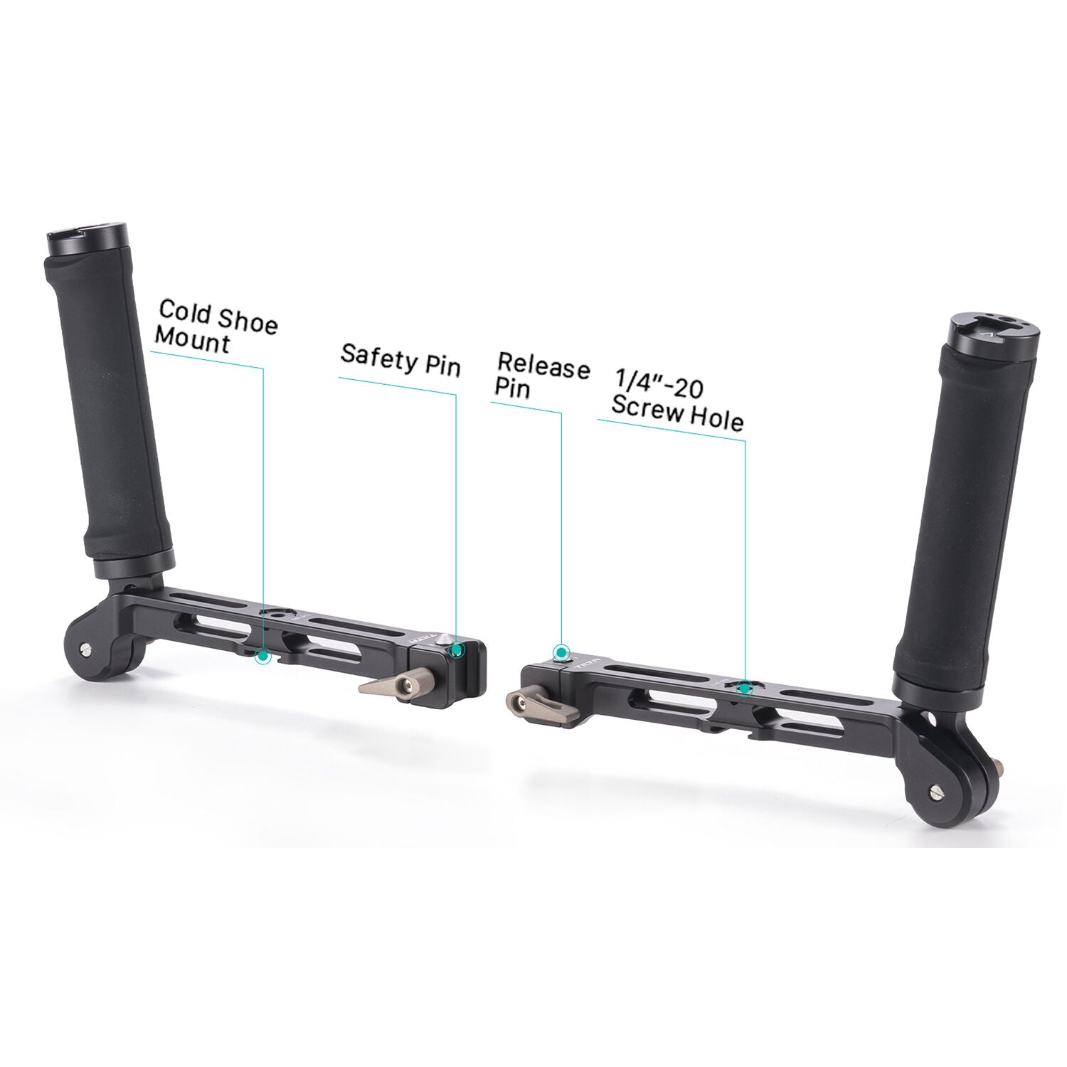 Camera stabilizer with labeled parts on a white background
