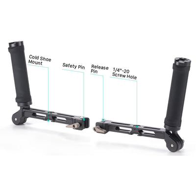 Camera stabilizer with labeled parts on a white background
