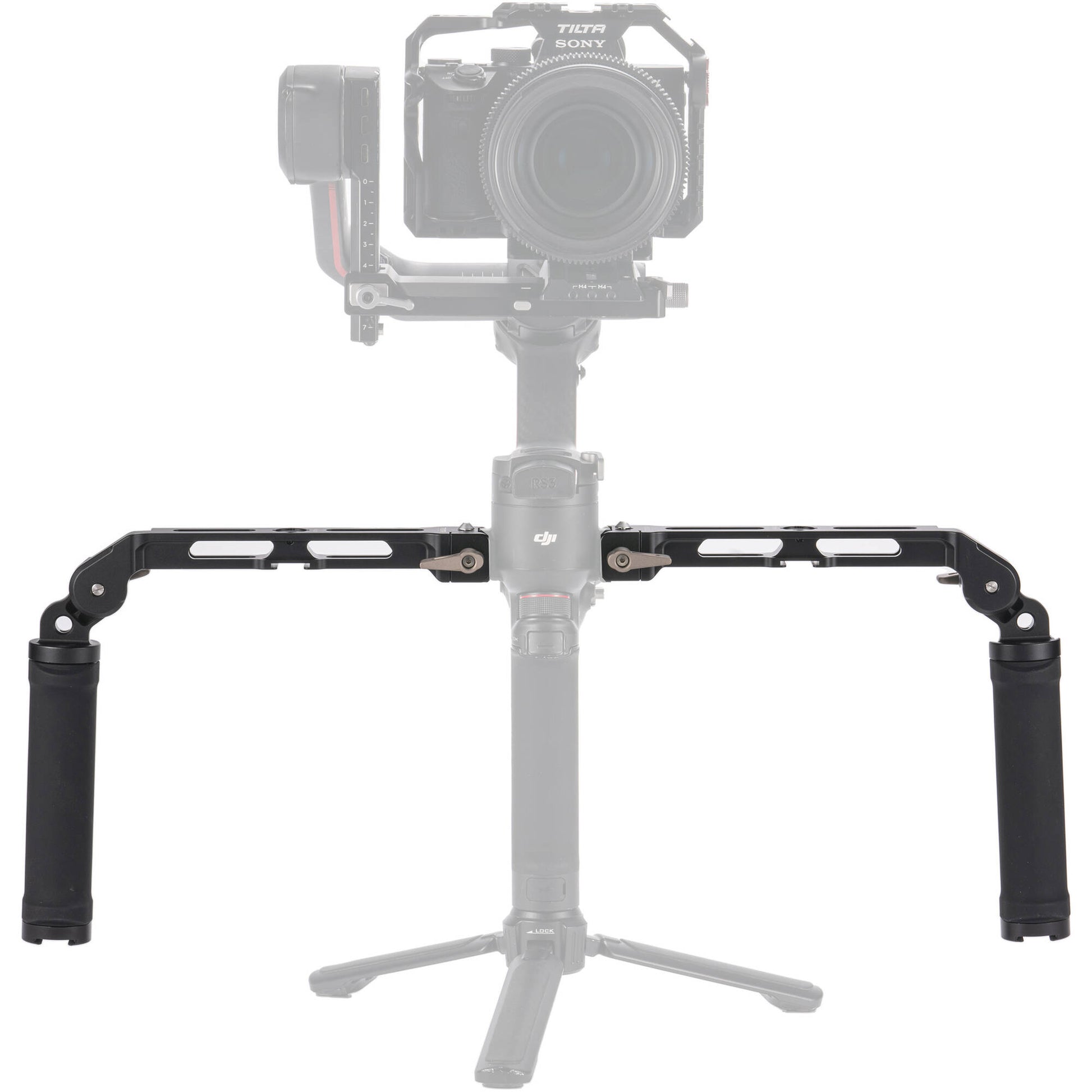 Camera stabilizer with a camera attached on a white background