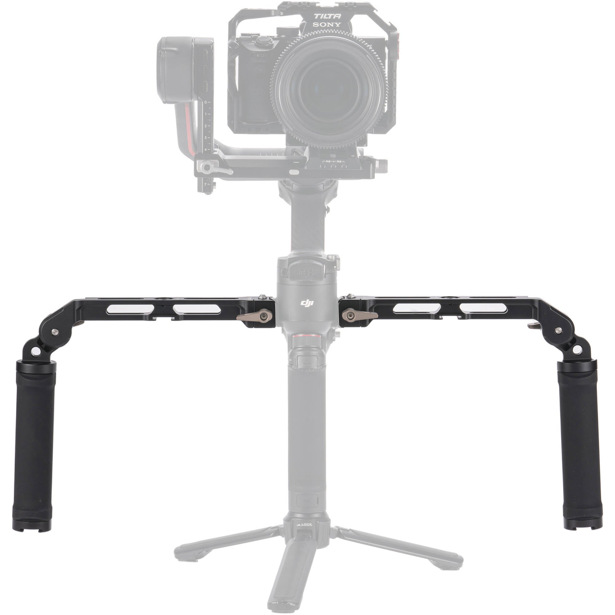 Camera stabilizer with a camera attached on a white background
