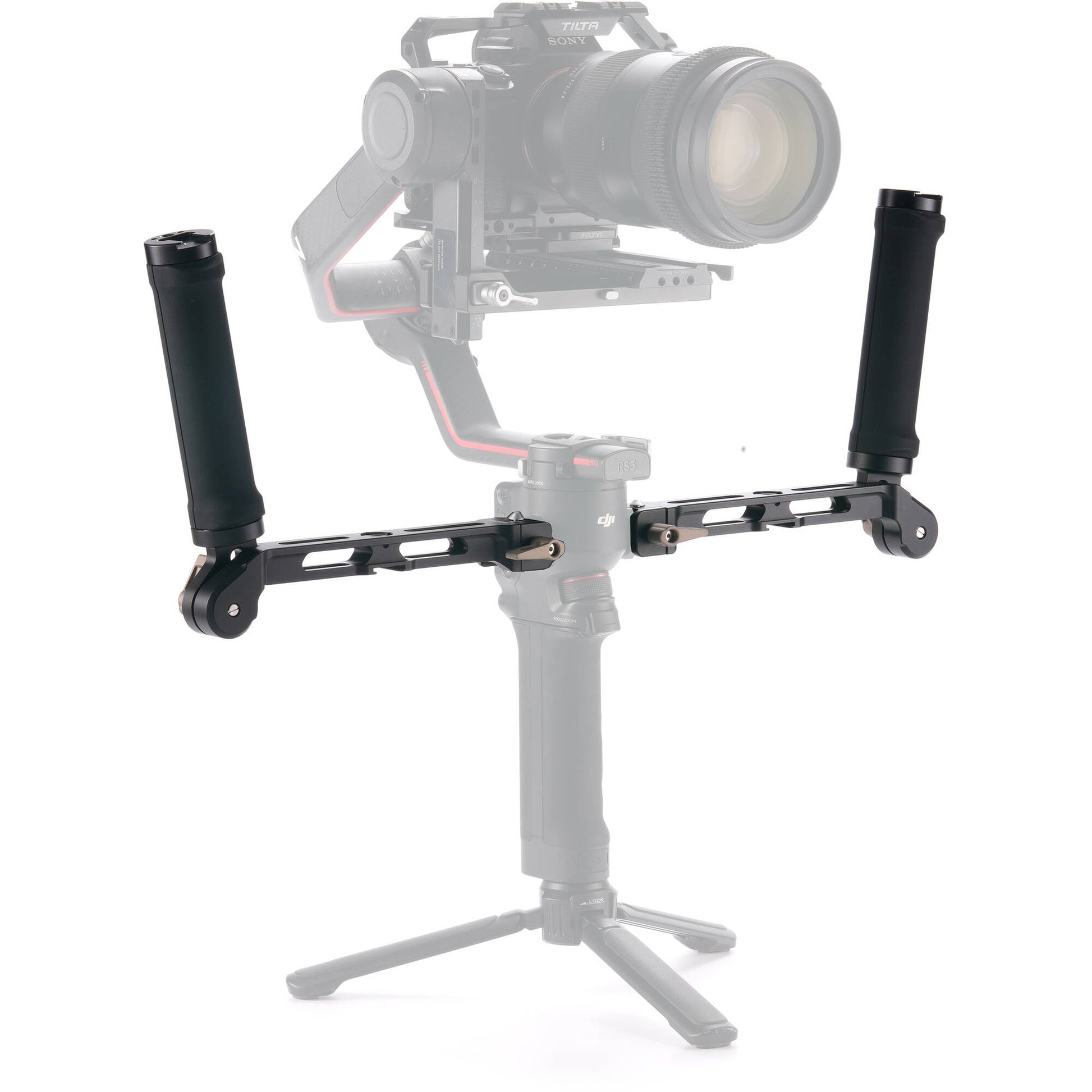 Camera stabilizer with a camera mounted on it against a white background
