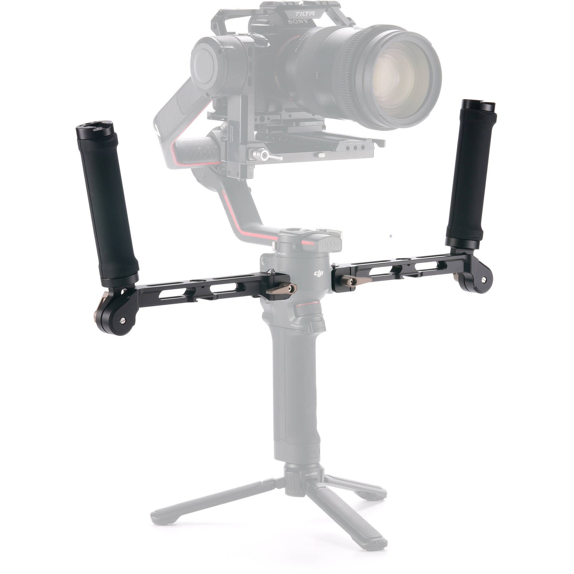 Camera stabilizer with a camera mounted on it against a white background