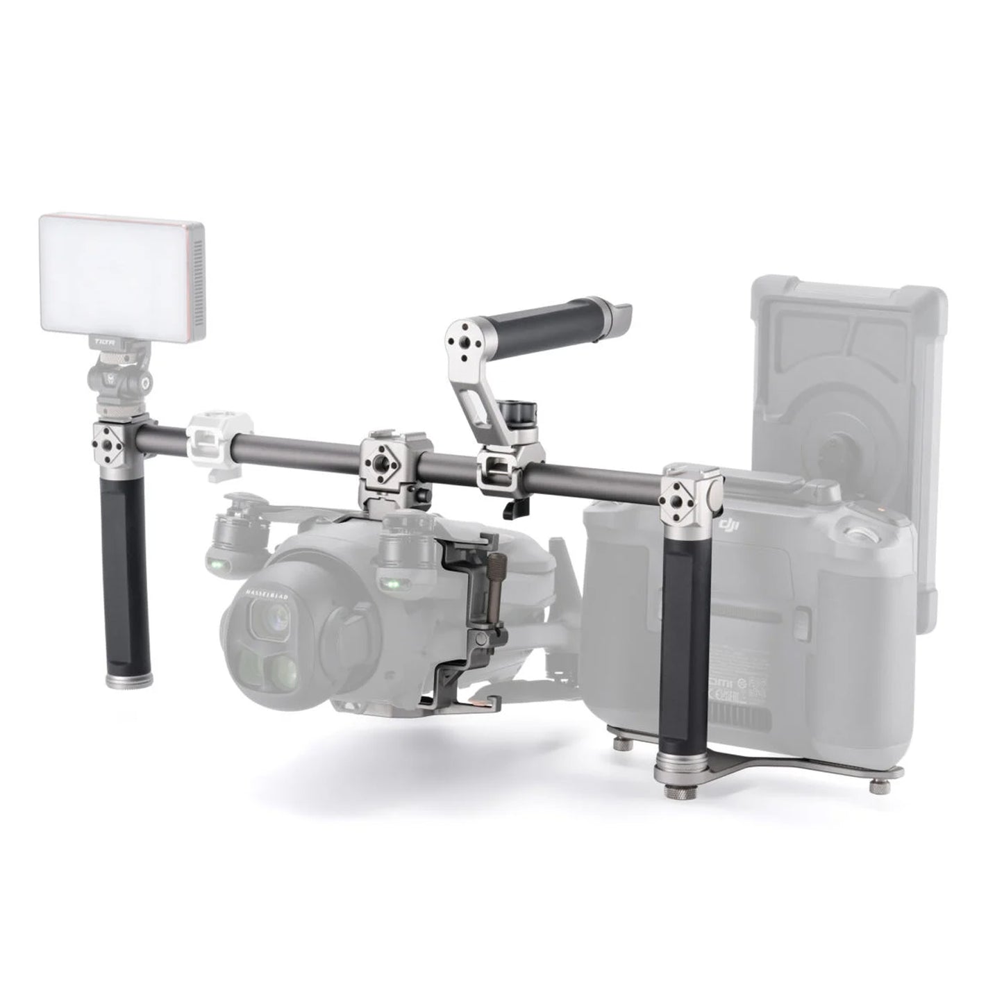 Modular camera cage with accessory mounts and audio integration for DJI Mavic 4 Pro.