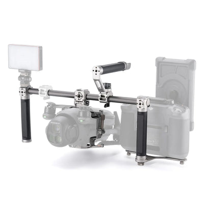 Modular camera cage with accessory mounts and audio integration for DJI Mavic 4 Pro.