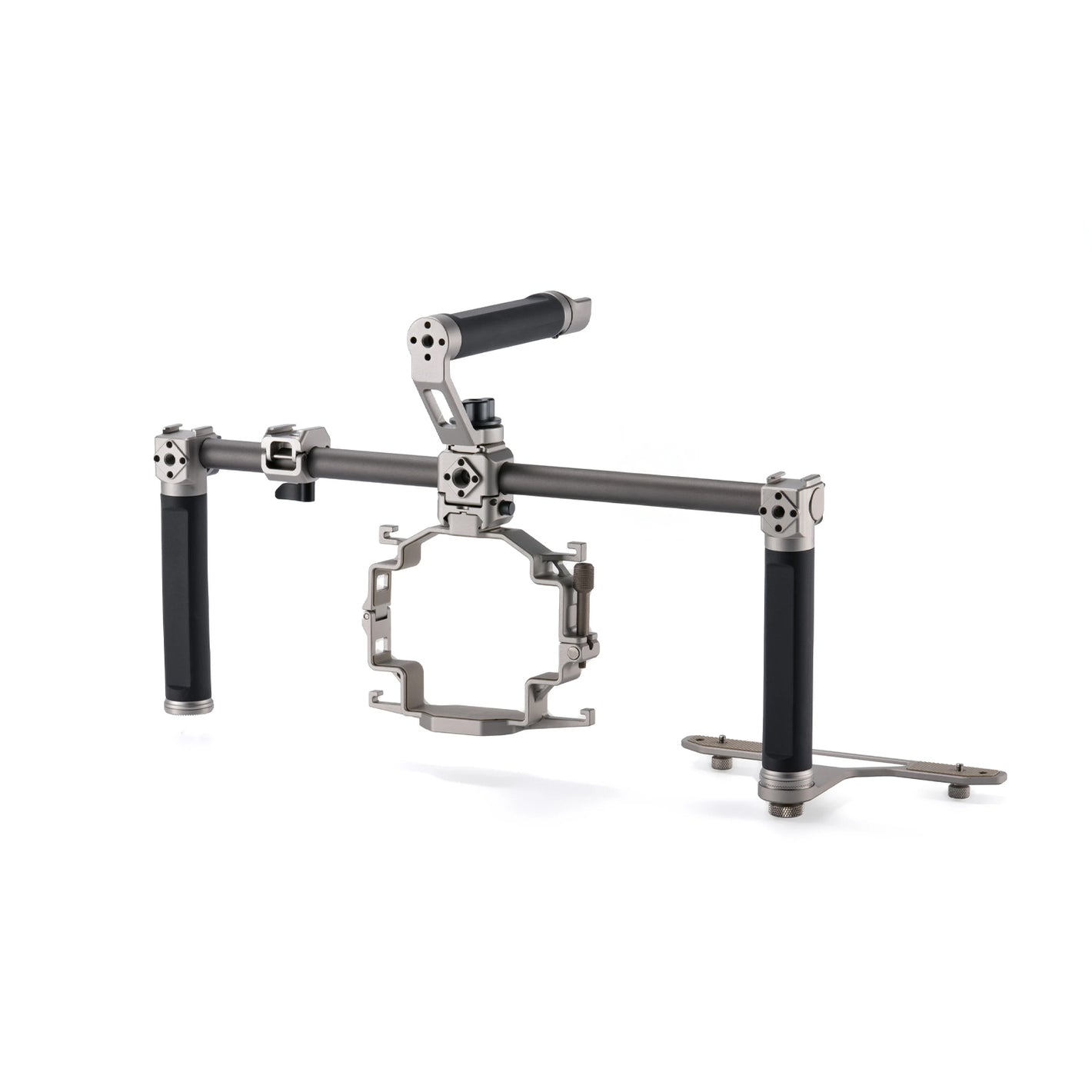 Modular camera cage with accessory mounts and audio integration for DJI Mavic 4 Pro.