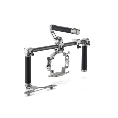 Modular camera cage with accessory mounts and audio integration for DJI Mavic 4 Pro.