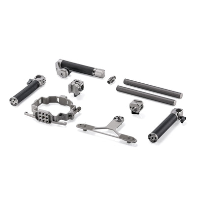 Modular camera cage with accessory mounts and audio integration for DJI Mavic 4 Pro.