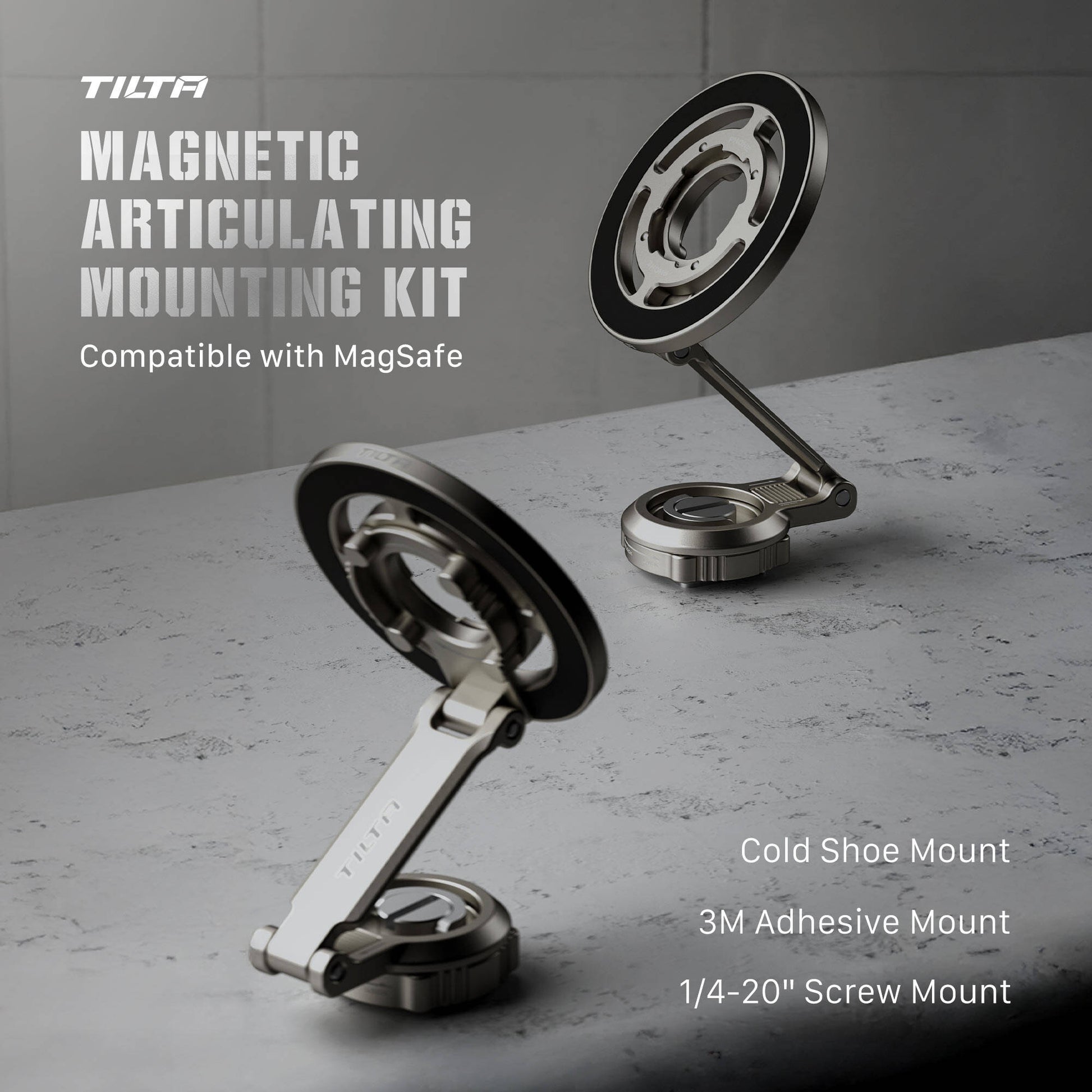 Tilta Magnetic Articulating Mounting Kit with MagSafe, dual-axis arm, Cold Shoe and 1/4"-20 mounts.