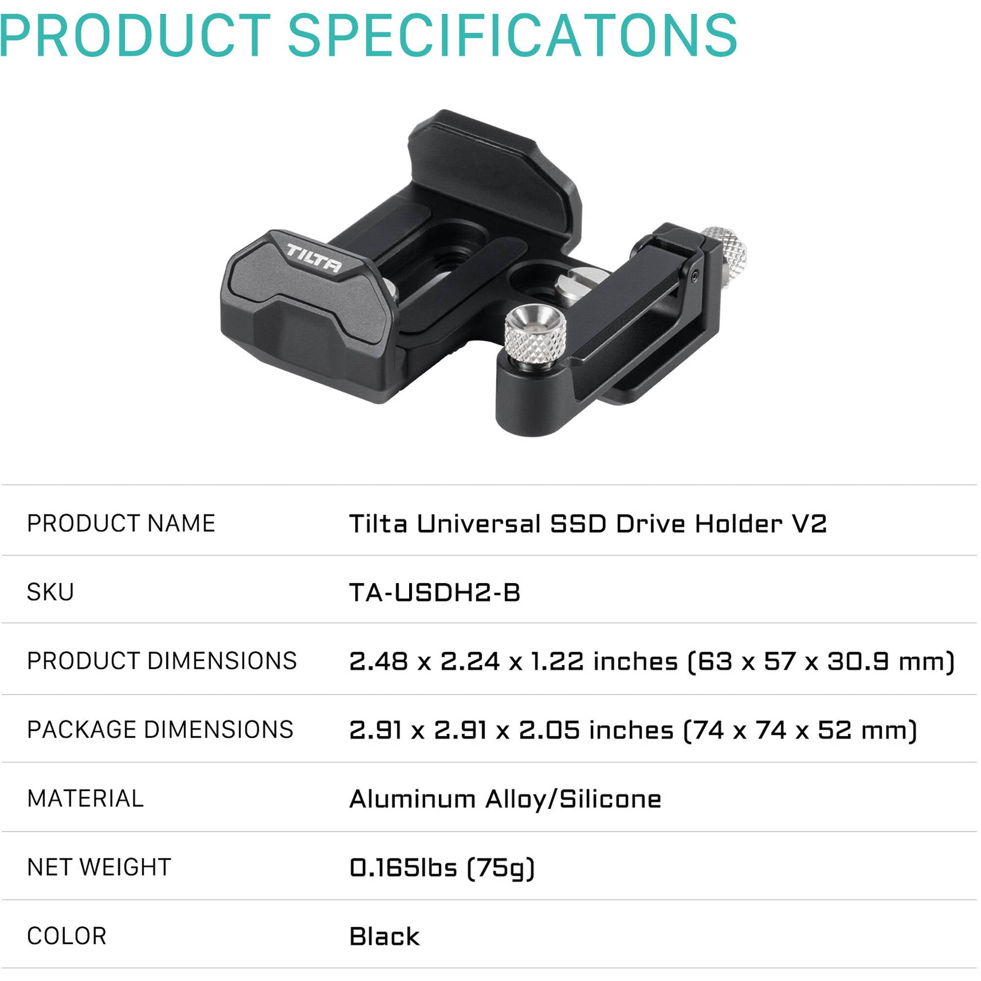 Universal SSD Drive Holder V2 for Tilta camera cages with cable clamp