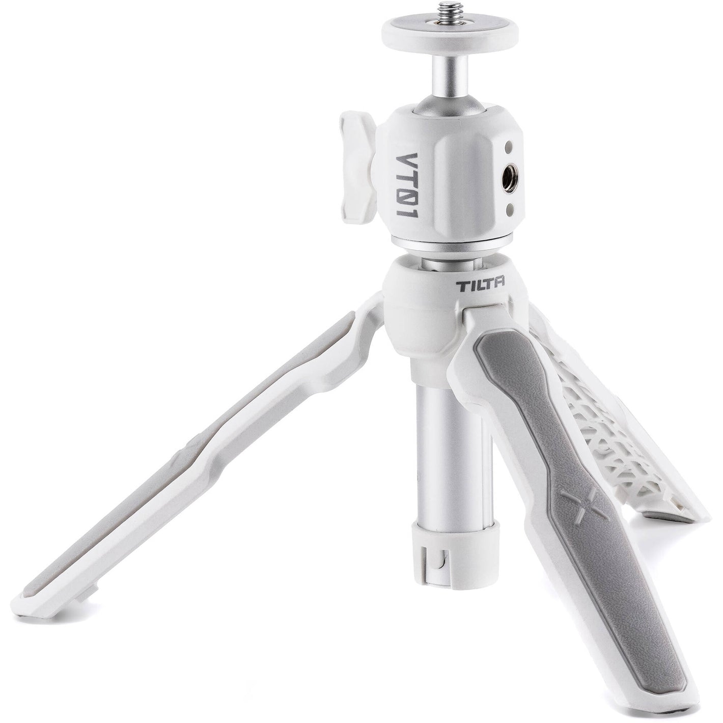 Tilta VT01 Extendable Vlog Tripod in White featuring adjustable legs, ball head, and cold shoe mount for smartphones and compact cameras.