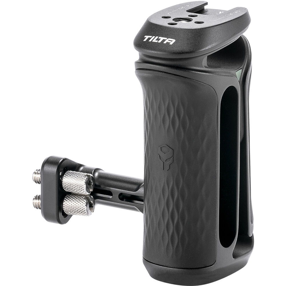 Tilta Xeno Side Handle with dual 1/4"-20 screw mount in black, featuring an ergonomic non-slip silicone grip and a cold shoe receiver for camera cage mounting.