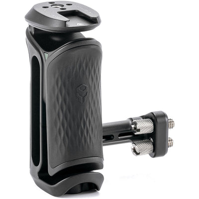 Tilta Xeno Side Handle with dual 1/4"-20 screw mount in black, featuring an ergonomic non-slip silicone grip and a cold shoe receiver for camera cage mounting.