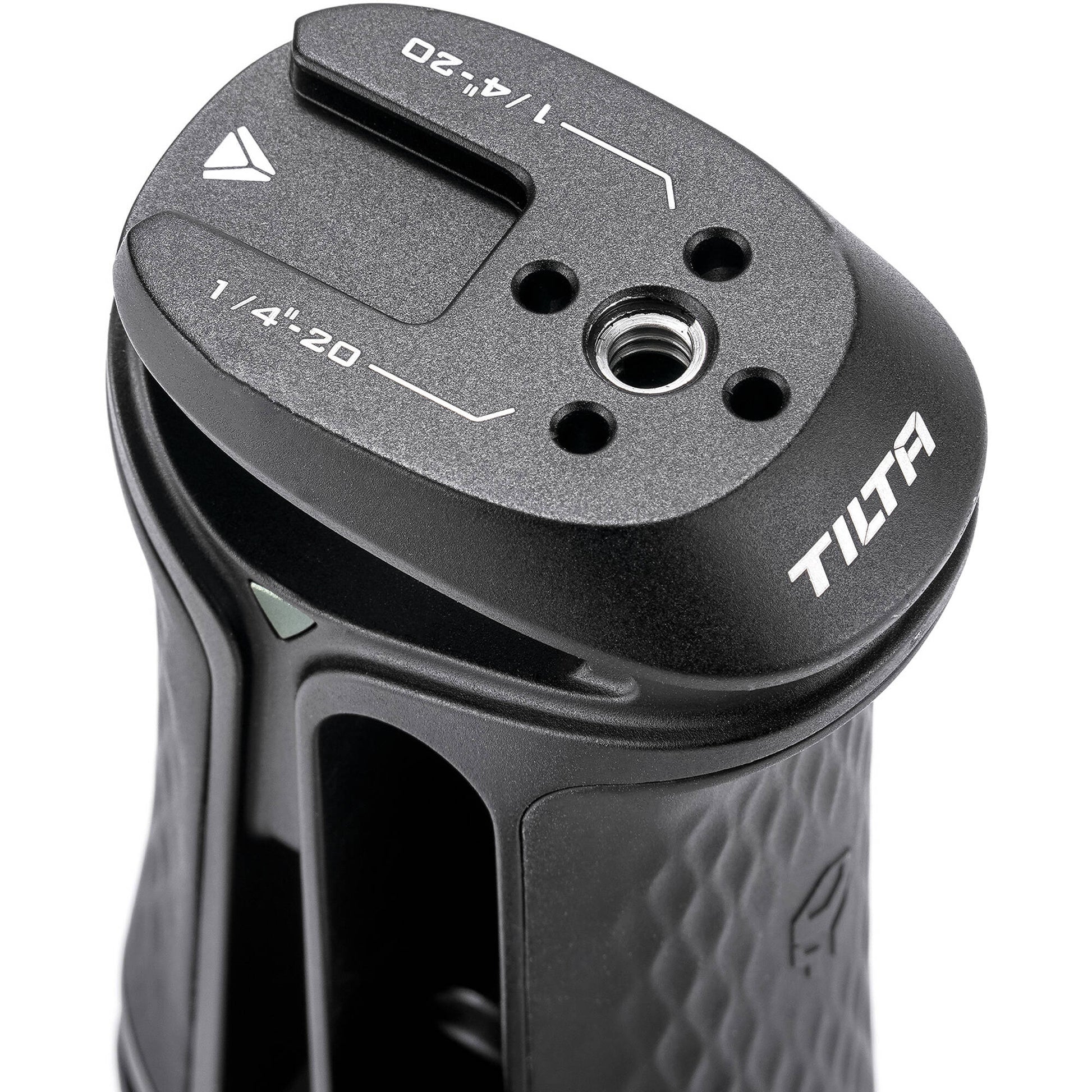 Tilta Xeno Side Handle with dual 1/4"-20 screw mount in black, featuring an ergonomic non-slip silicone grip and a cold shoe receiver for camera cage mounting.
