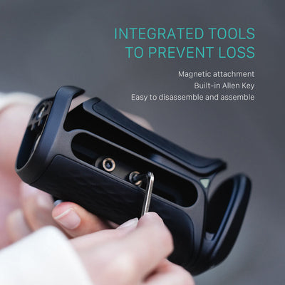 Tilta Xeno Side Handle with dual 1/4"-20 screw mount in black, featuring an ergonomic non-slip silicone grip and a cold shoe receiver for camera cage mounting.