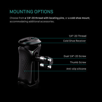 Tilta Xeno Side Handle with dual 1/4"-20 screw mount in black, featuring an ergonomic non-slip silicone grip and a cold shoe receiver for camera cage mounting.