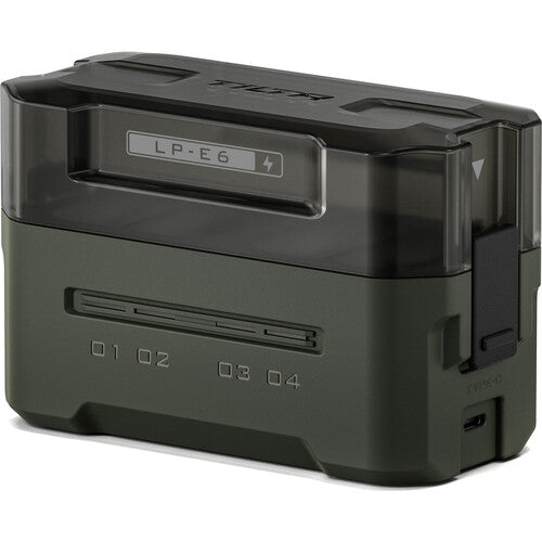 Tilta Portable Charging Station for LP-E6 batteries with dual charging slots and LED status lights.