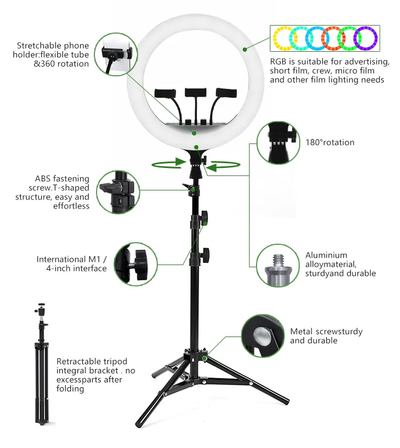 Timei 14″ RGB LED Soft Ring Light with tripod, remote control, phone holders, and carry bag.