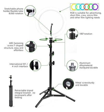 Timei 21″ RGB LED Soft Ring Light with tripod, remote control, phone holders, and carry bag.
