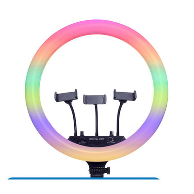 Timei 21″ RGB LED Soft Ring Light with tripod, remote control, phone holders, and carry bag.