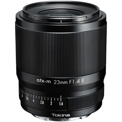 Tokina atx-m 23mm f/1.4 wide-angle prime lens for Sony E APS-C mirrorless cameras.