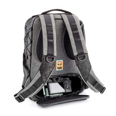 Valkyrie camera backpack with adjustable dividers, tripod holder, water-resistant fabric, and padded interior for photography gear
