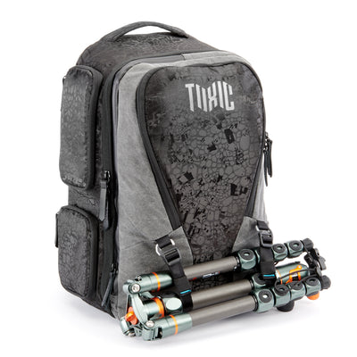 Valkyrie camera backpack with adjustable dividers, tripod holder, water-resistant fabric, and padded interior for photography gear
