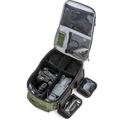 Valkyrie camera backpack with adjustable dividers, tripod holder, water-resistant fabric, and padded interior for photography gear
