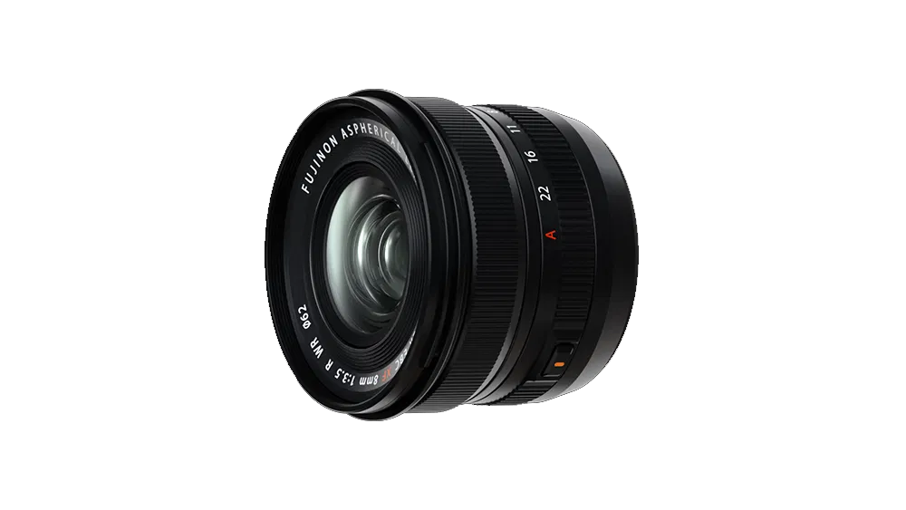 FUJIFILM XF 8mm f/3.5 R WR ultra-wide prime lens with weather sealing, compact design, and sharp edge-to-edge image quality.