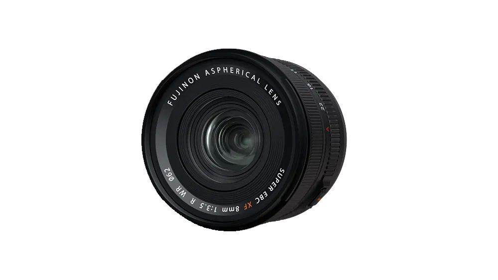 FUJIFILM XF 8mm f/3.5 R WR ultra-wide prime lens with weather sealing, compact design, and sharp edge-to-edge image quality.