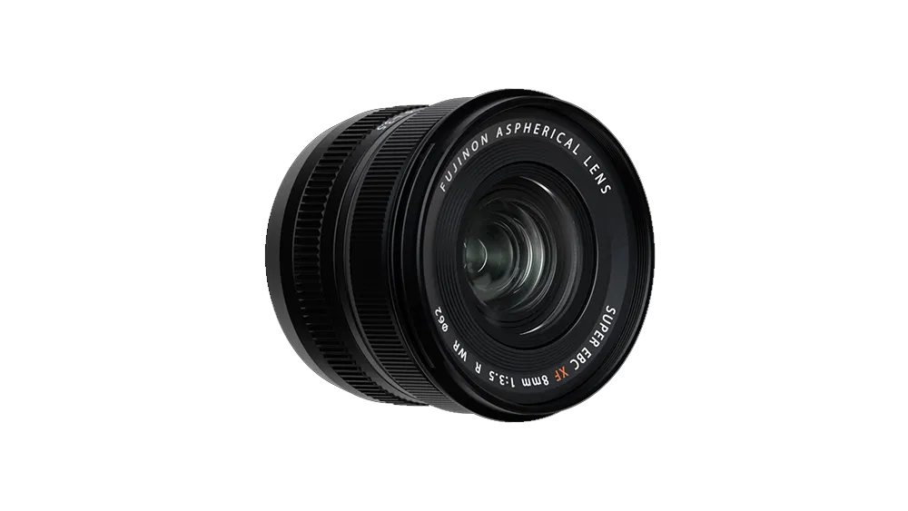 FUJIFILM XF 8mm f/3.5 R WR ultra-wide prime lens with weather sealing, compact design, and sharp edge-to-edge image quality.