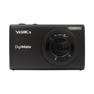 Yashica DigiMate compact camera with CMOS sensor, 4K video, 18x zoom, and 2.7" LCD on white background.