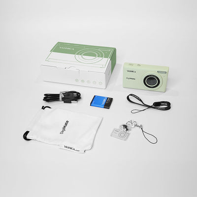 Yashica DigiMate compact camera with CMOS sensor, 4K video, 18x zoom, and 2.7" LCD on white background.