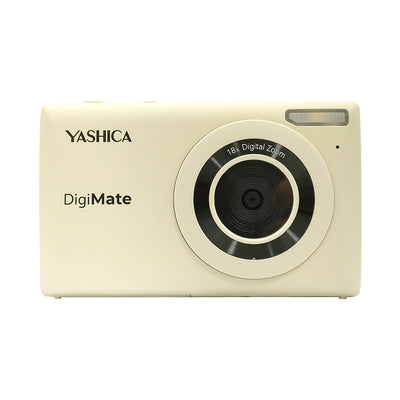 Yashica DigiMate compact camera with CMOS sensor, 4K video, 18x zoom, and 2.7" LCD on white background.