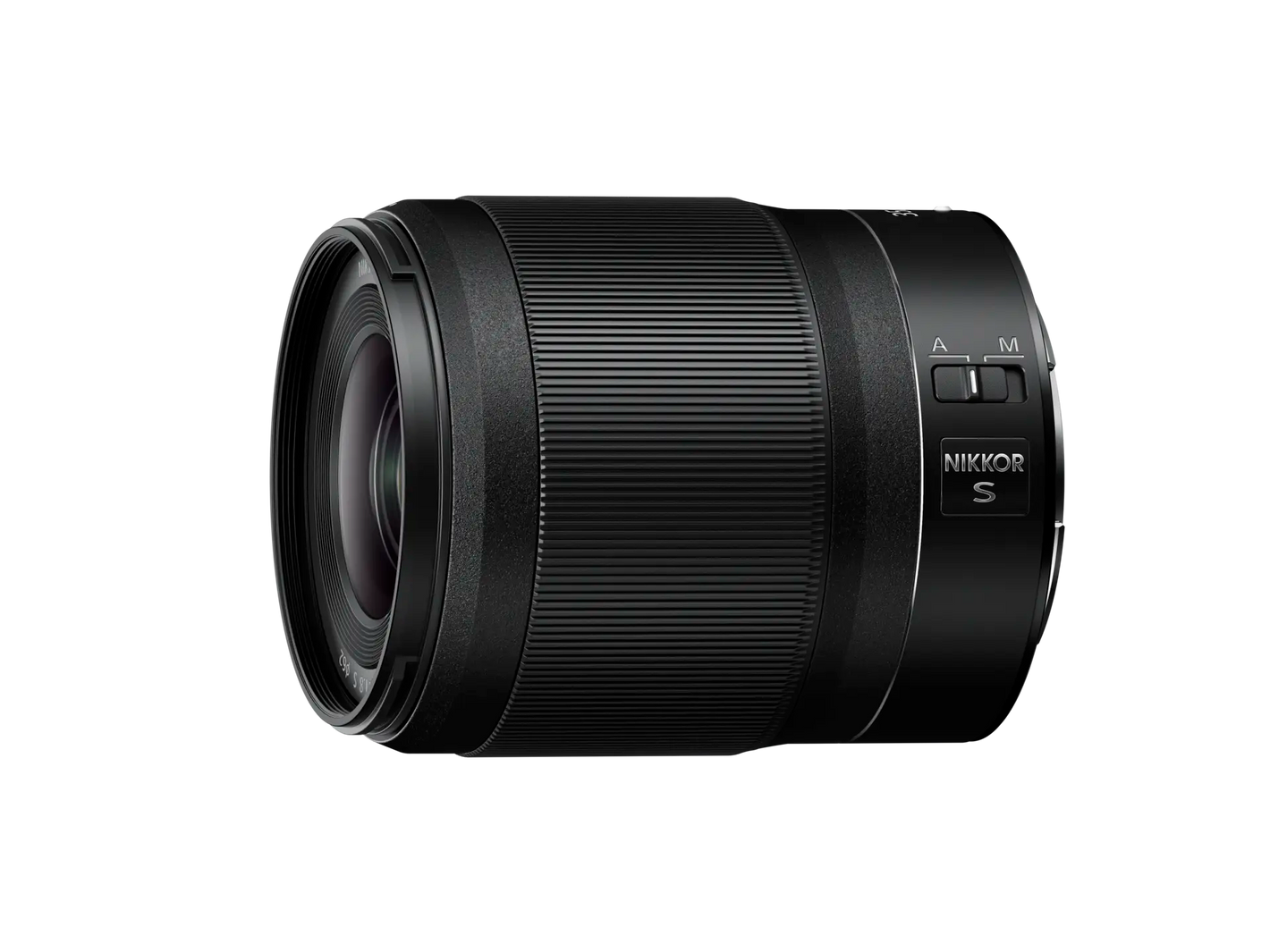 Black camera lens with 'Nikon' branding on a white background