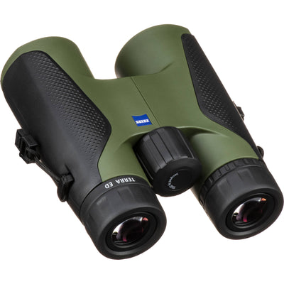 Zeiss Terra ED 10x42 binoculars with ED glass, waterproof build, and compact design for birding and travel.