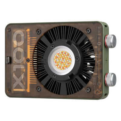 Zhiyun X100 RGB compact video light with full-colour output, vintage leather finish, and Mini Lens Reflector for bright, even lighting.