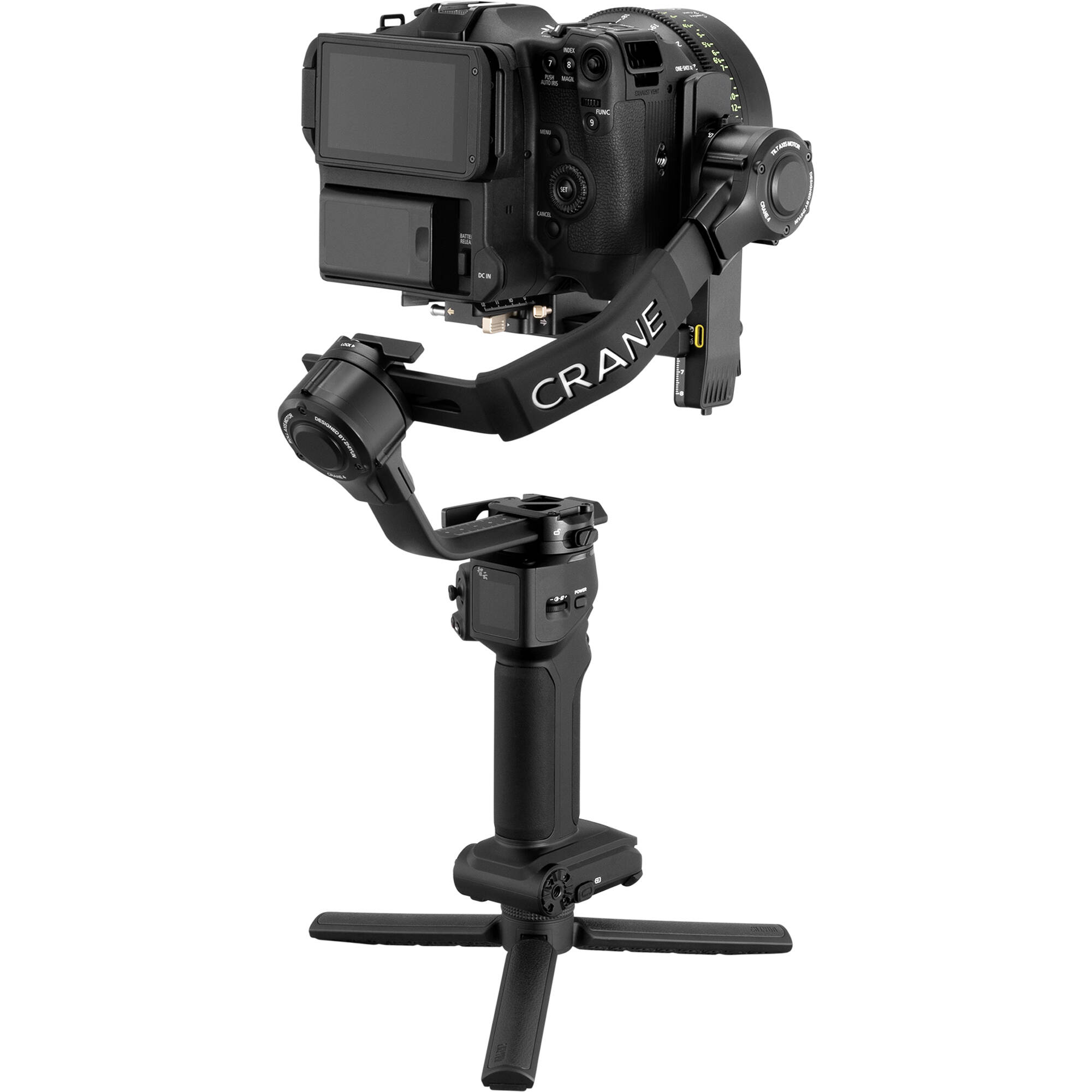 Zhiyun Crane 4 professional gimbal stabiliser for cameras up to 10 kg with sling grip and fill light.