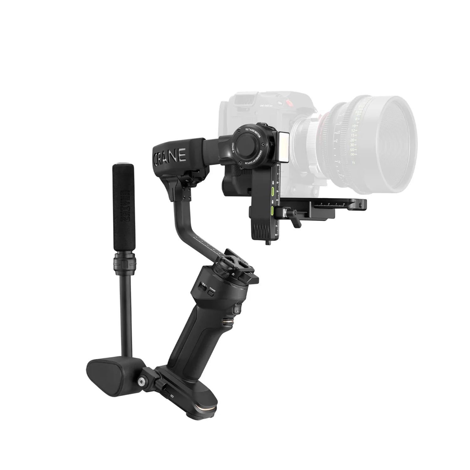 Zhiyun Crane 4 professional gimbal stabiliser for cameras up to 10 kg with sling grip and fill light.
