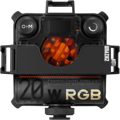 Zhiyun Fiveray M20C RGB LED light combo with adjustable color temperature and RGB modes.