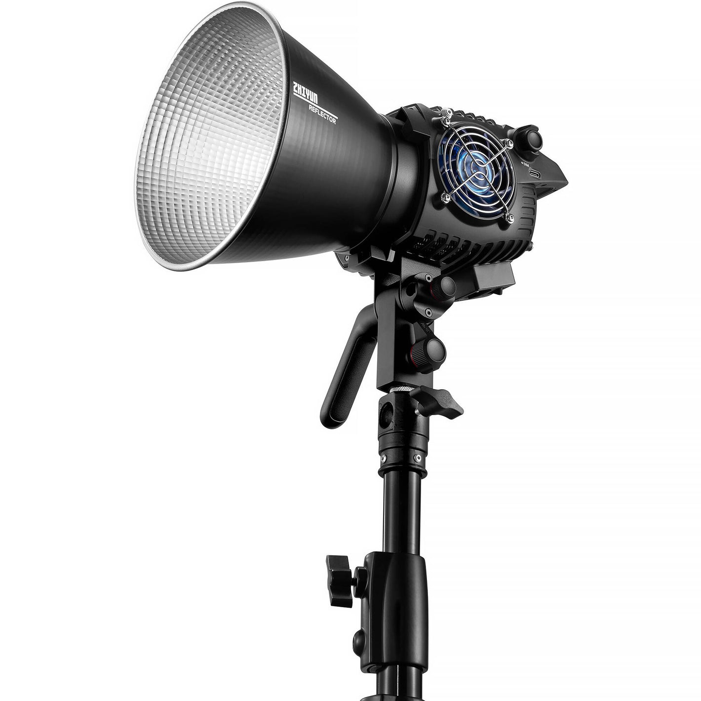 Zhiyun Molus B200 bi-color LED monolight with reflector, mounted on a light stand.