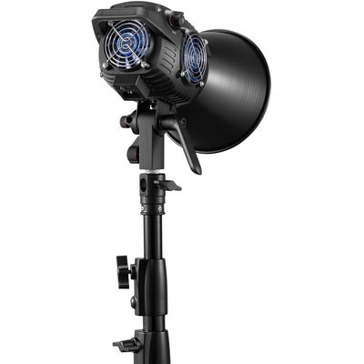 Zhiyun Molus B200 bi-color LED monolight with reflector, mounted on a light stand.