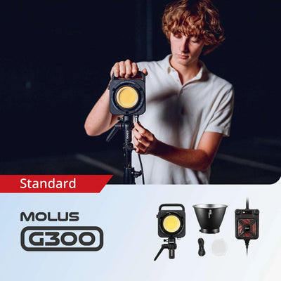 The Zhiyun Molus G300 COB Light is a powerful continuous lighting fixture for film and video production, featuring a separate light/controller design with a wide color temperature range and an advanced cooling system.