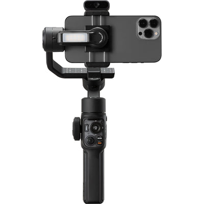 Black smartphone gimbal with phone attached on a white background