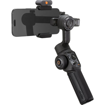 Black smartphone gimbal with phone holder on a white background