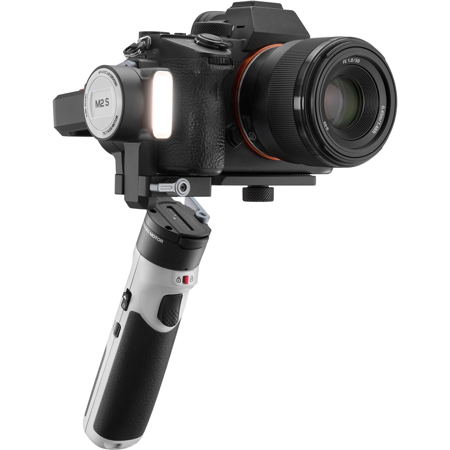 Zhiyun CRANE-M2 S handheld gimbal with LED light.