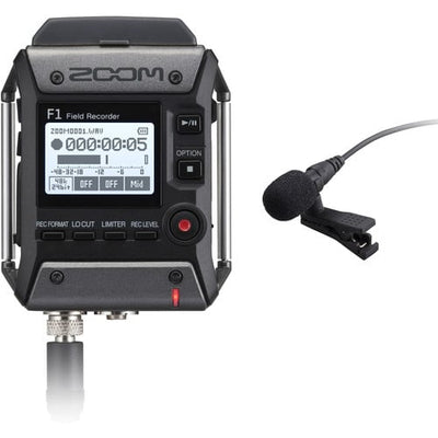 Zoom F1 field recorder kit with lavalier microphone: recorder unit with display and buttons, clip-on lavalier mic with screw-lock plug, windscreen, belt clip, and AAA batteries, all shown against a plain neutral background.