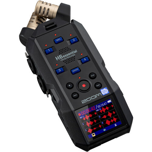 Zoom H6 Essential Portable Audio Recorder with 32-bit float and interchangeable mic capsules for professional field recording.