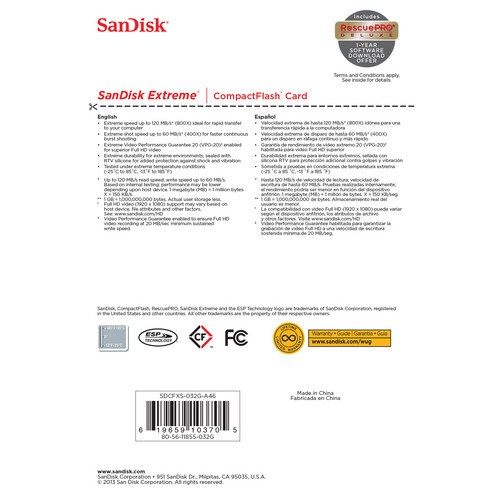 SanDisk 32GB 800x Extreme Compact Flash Memory Card (120MB/s) SanDisk 32GB 800x Extreme Compact Flash Memory Card (120MB/s)
